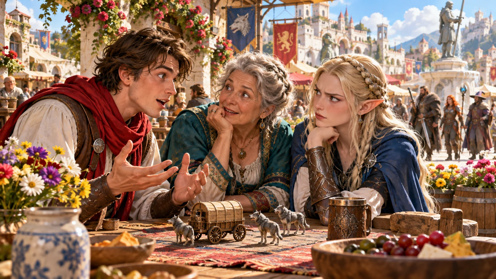 Three market visitors discuss a story beside miniature wolves and a wagon.