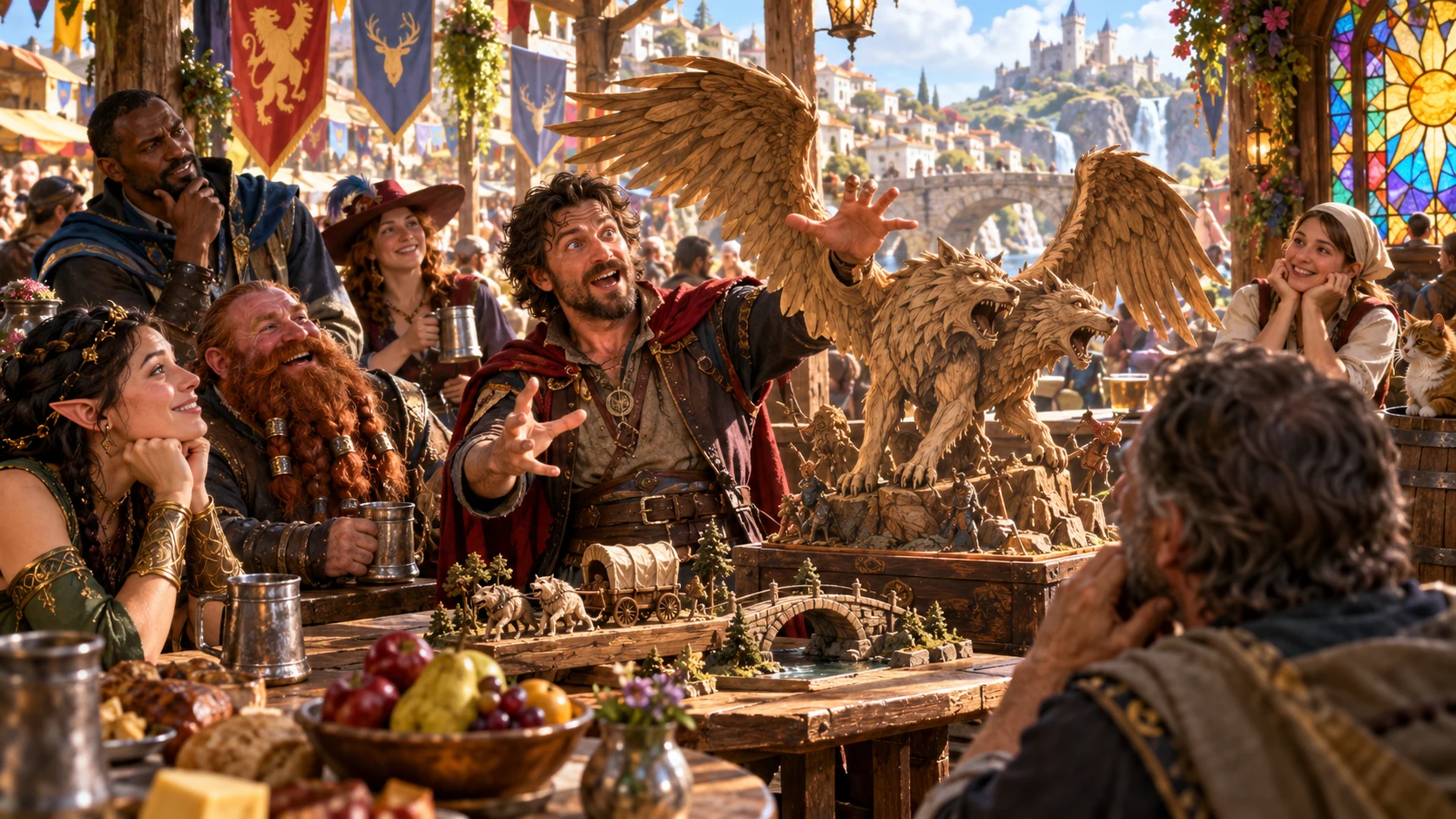 A market storyteller describes an exaggerated winged beast to listeners.
